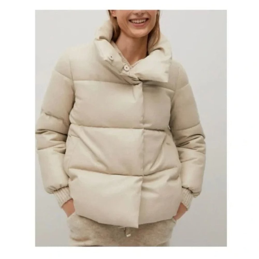 NWT Mango cream faux leather short puffer coat, size M